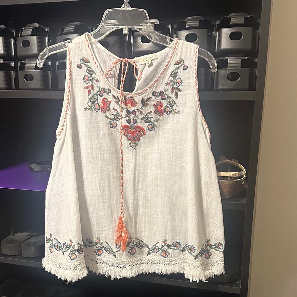 Max Studio White and Orange Embroidered Blouse
